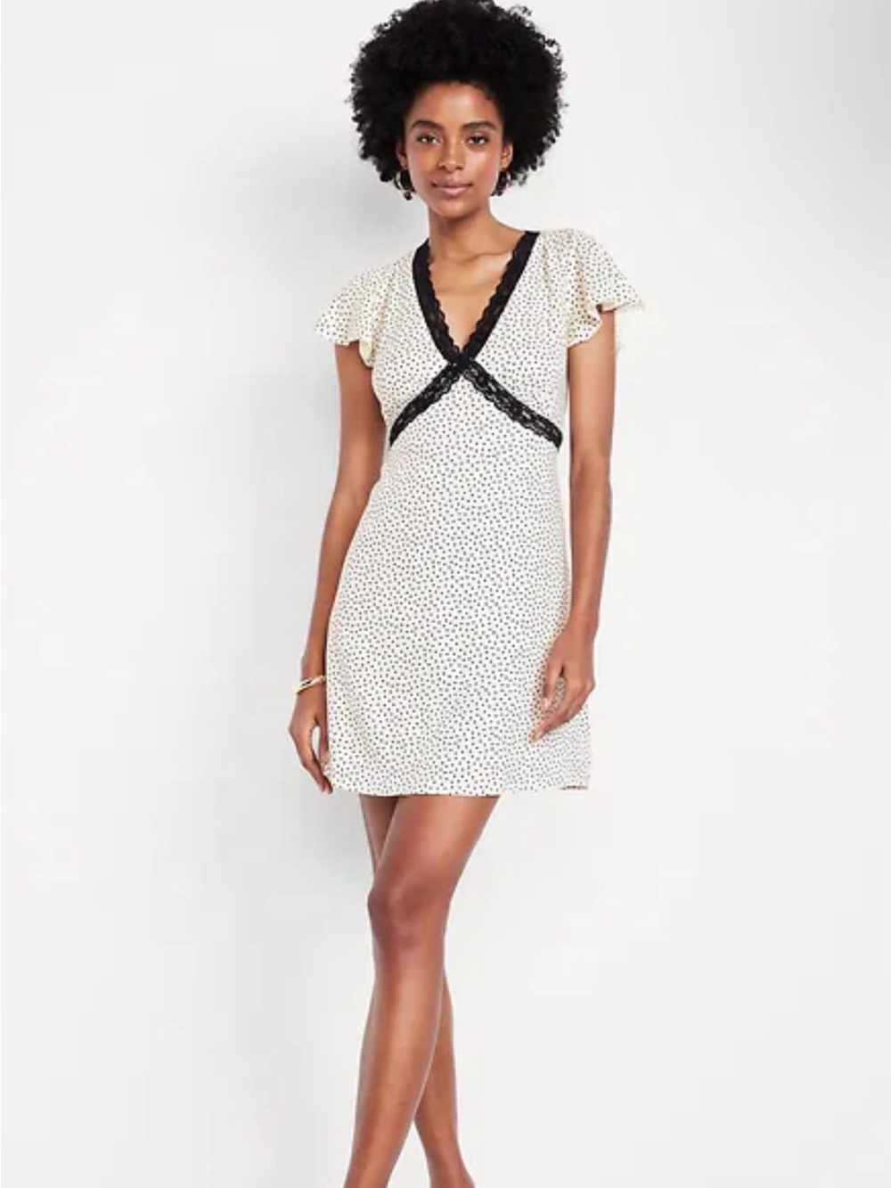 Old Navy Cream and Black Polka Dot Lace-Trim Dress